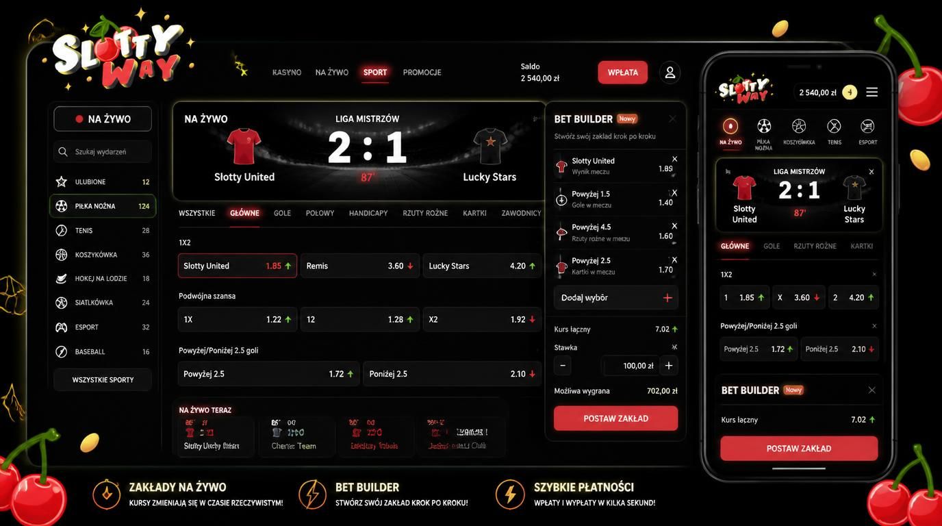 Widok interfejsu zakładów na żywo i Bet Builder w wersji desktop oraz mobilnej