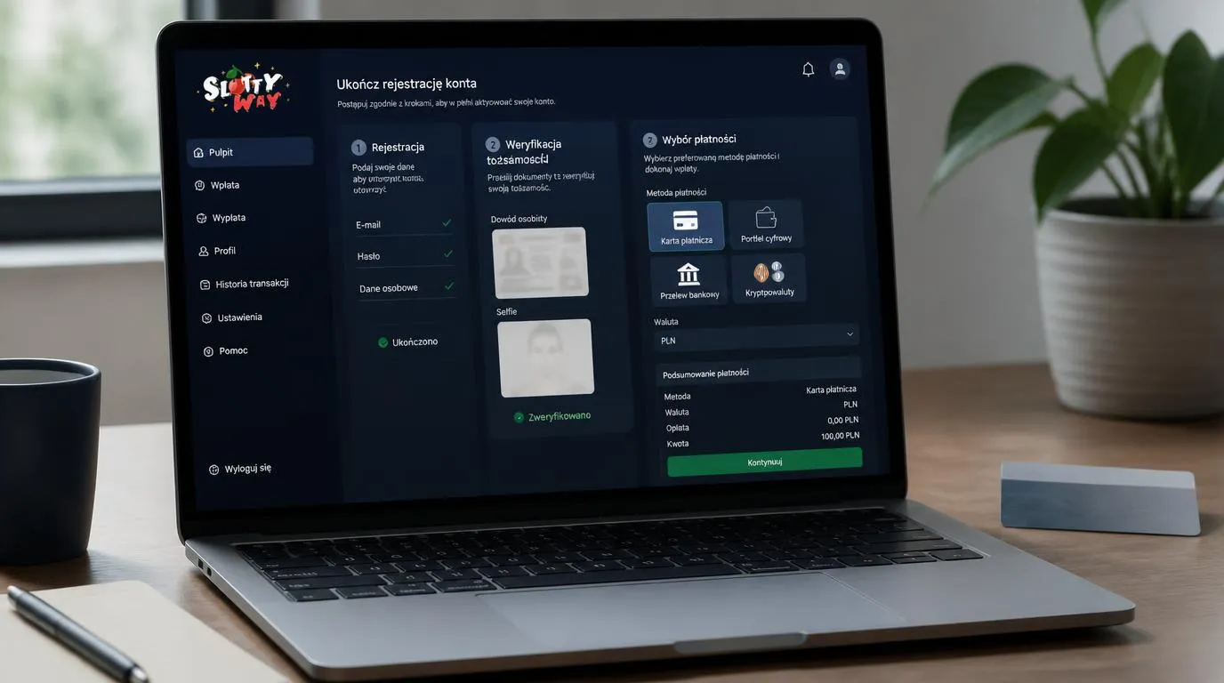 Laptop z panelem weryfikacji tożsamości i adresu oraz wyborem metody wpłaty do kasyna